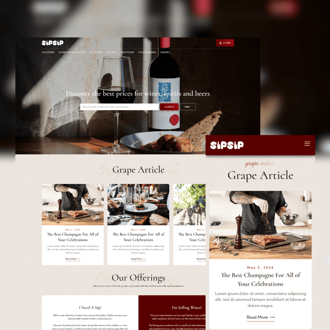 SipSip wine discovery platform website designed by Winnefy