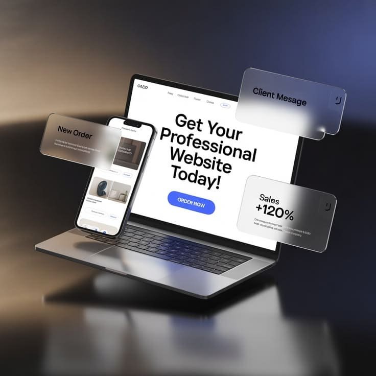Corporate website displayed on a laptop with dashboard cards floating around it