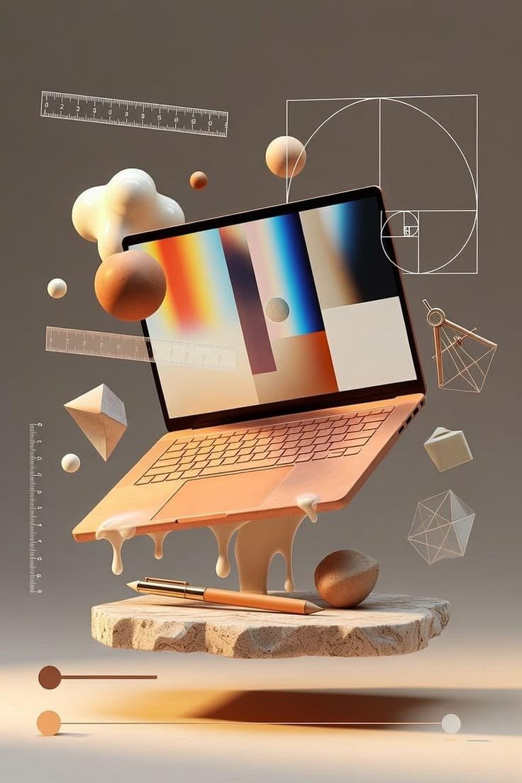 Creative website with bold colourful 3D graphics displayed on a laptop