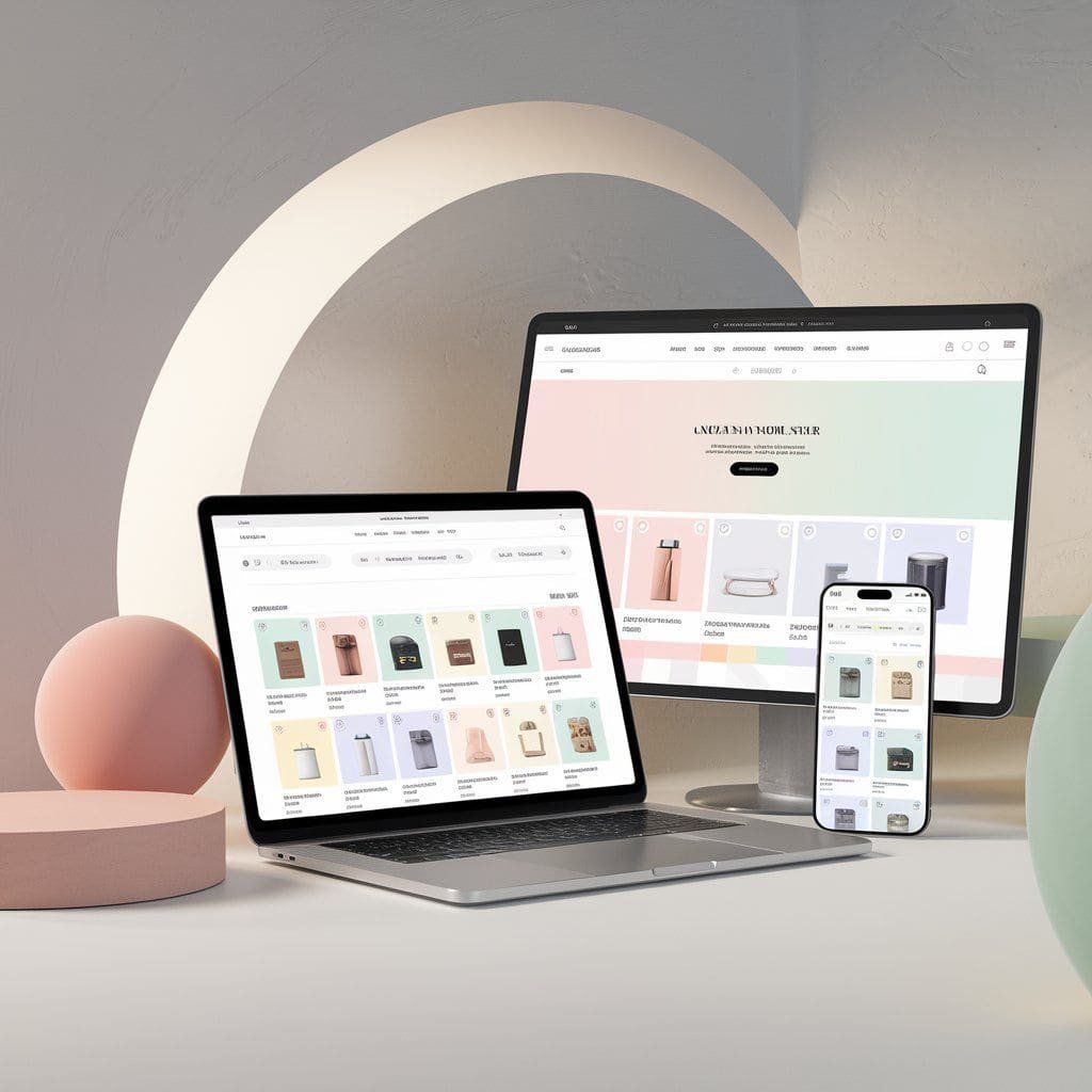 E-commerce store open on a laptop with a glowing shopping cart of products