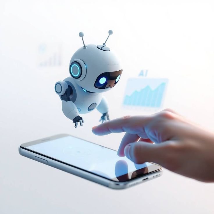 AI robot interacting with a smartphone, representing Winnefy's AI integration